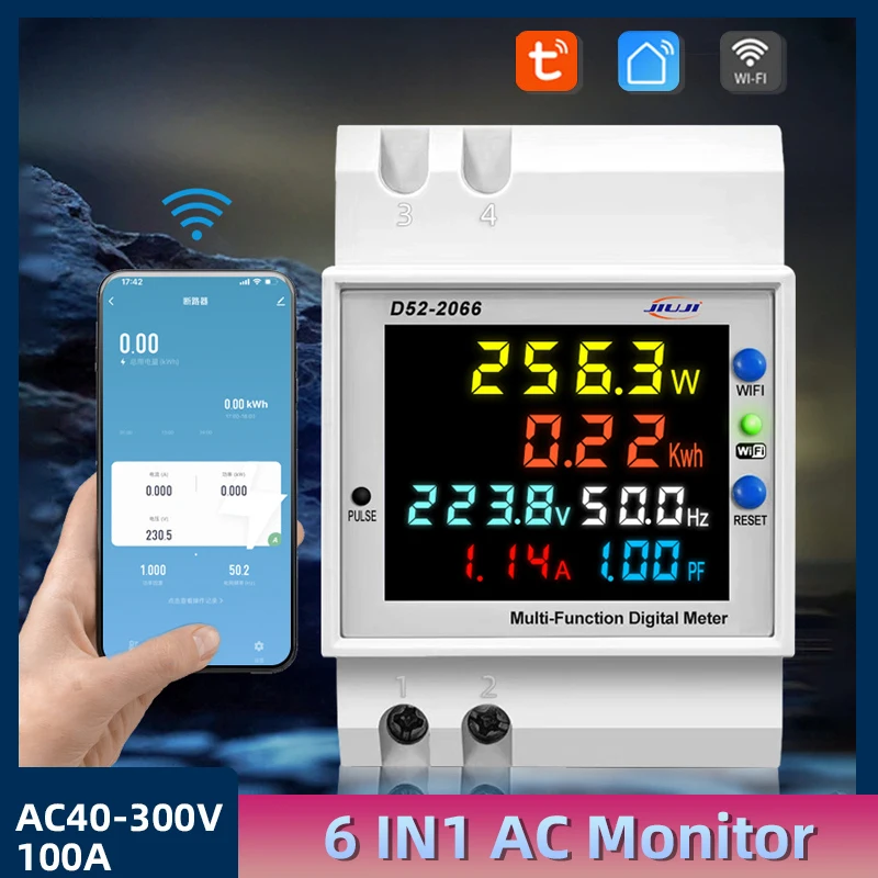 Tuya WiFi Din Rail Power Energy Meter AC40-300V 100A AC Monitor APP Control Voltage Current Meter Power Factor Electricity Meter