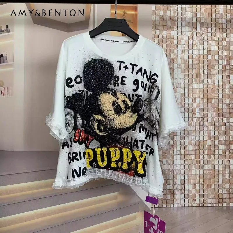 

Fashion Brand 2025 Heavy Industry Summer Full Diamond Cartoon Lace Splicing Small Loose Short-sleeved T-shirt Top Women's Cothes
