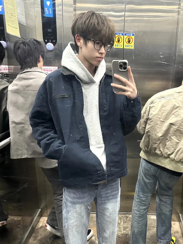 

Stand Fit ort Coat Jaet in Royal Blue for Men's Spring Autumn Cleanfit Collar Workwear American Retro Sle Outerwear