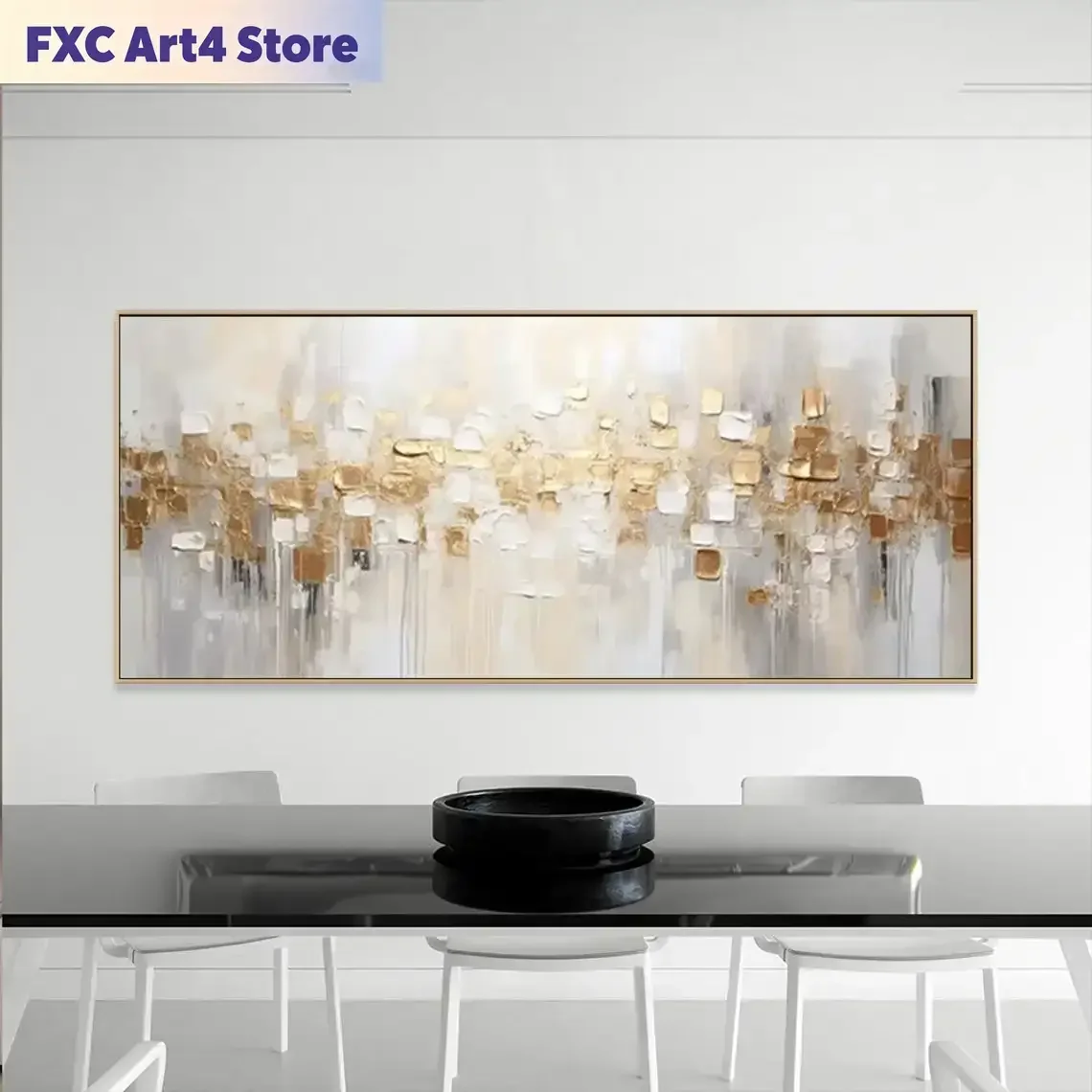 Frameless Gold Abstract Painting on Canvas Textured Wall Art Gold Foil Painting Boho Wall Decor Bright painting Large Modern Art