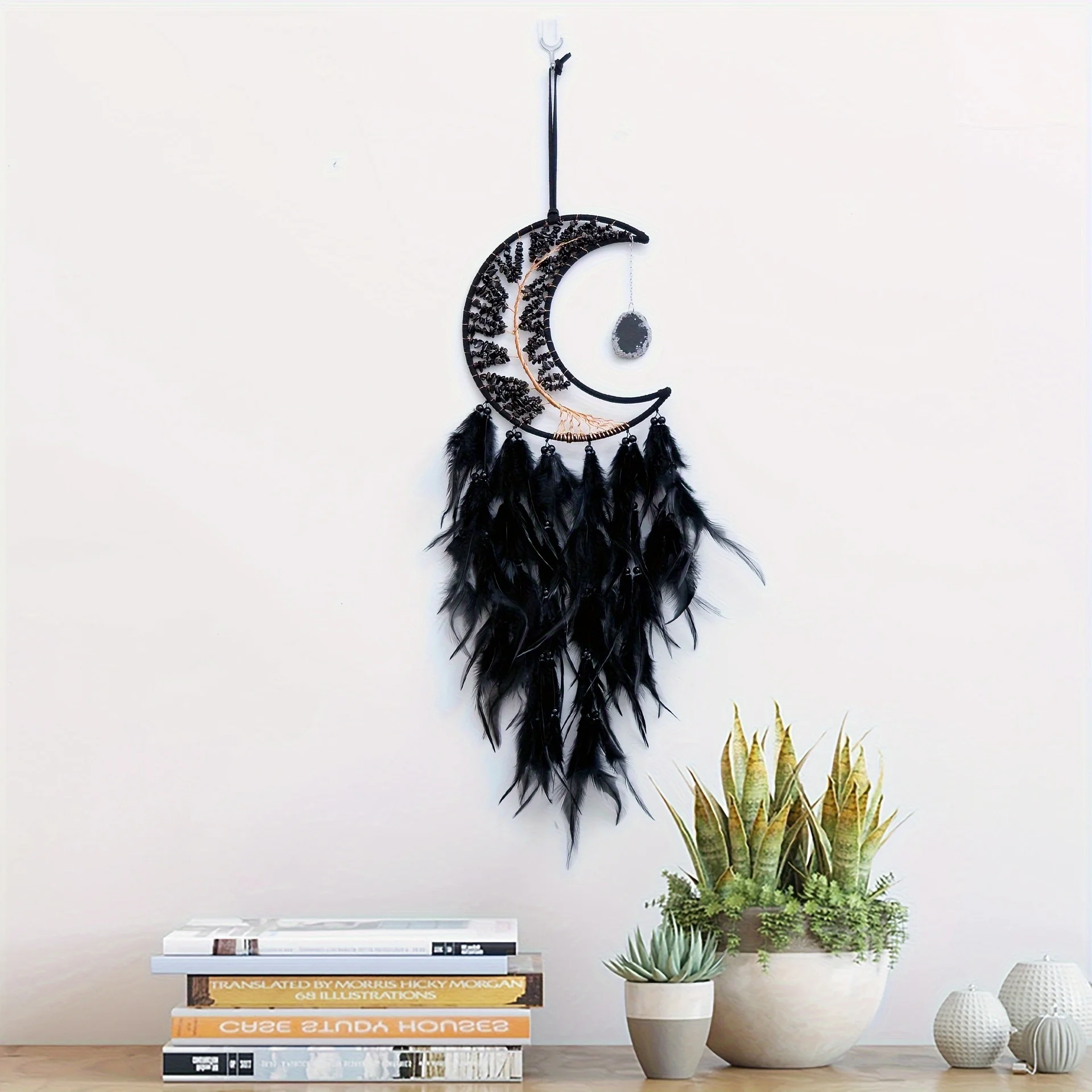 Hand-Crafted  Macrame Wall Hanging Dream Catcher - Bohemian  Decor with Pure Black  & Feathers - Aesthetic, Calming, Feng Shui W