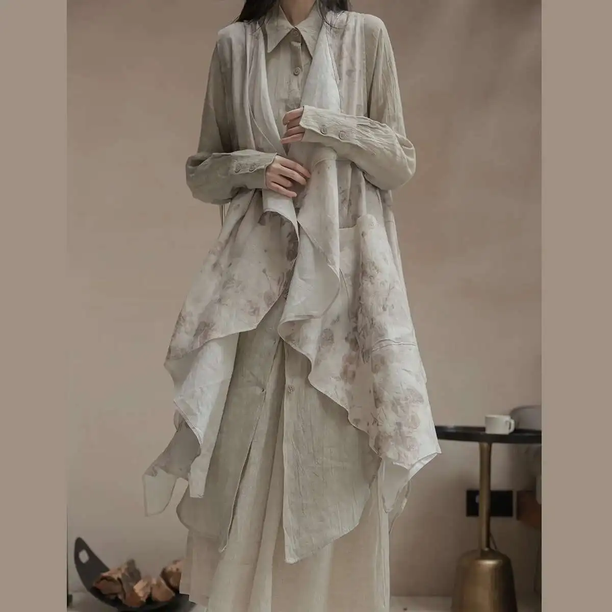 UMI MAO Chinese Style Homemade Dead Leaf Printing Casual Loose Linen Vest Long Coat Woman Femme Jacket Y2K