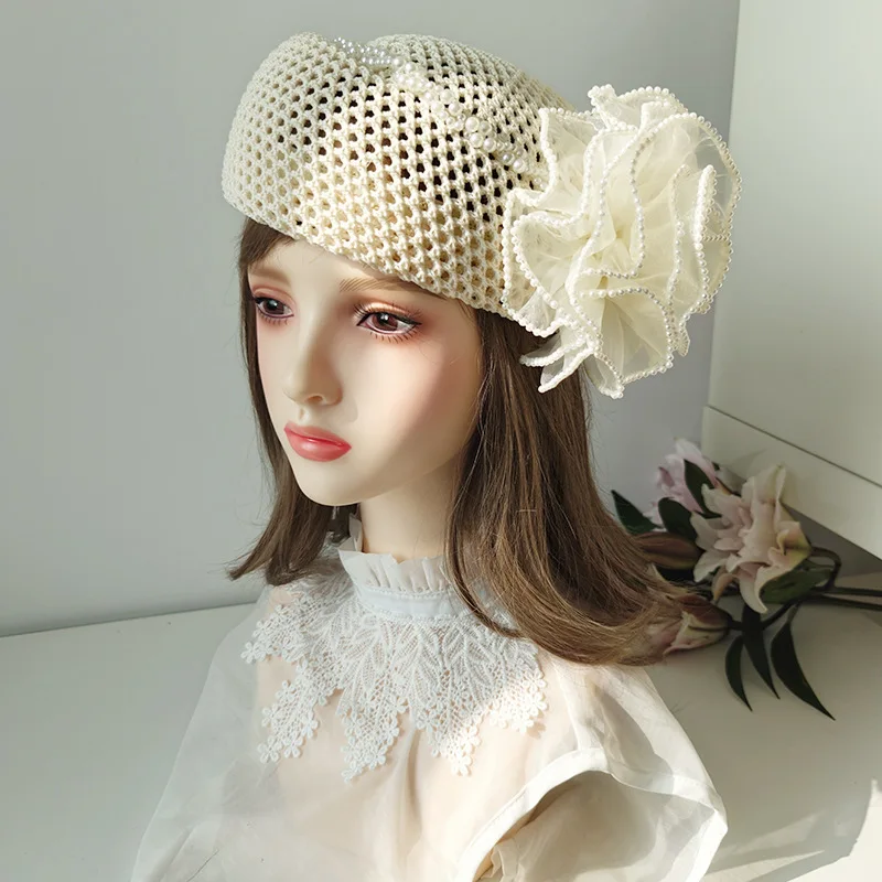 Fashion Unique Summer Beret Cap Ventilate Lace Pearl Flower Lady Octagonal Hat Women Leisure Painter Visors Cap
