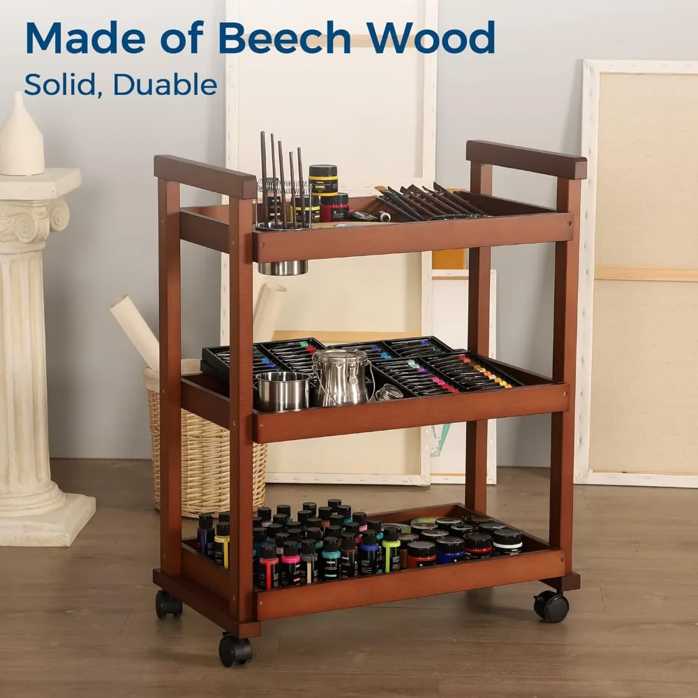 37 "H Art Cart Opslag Organizer 3-Tier, Massief Beukenhout Rollende Utility Cart Met Zwenkwielen, Multifunctionele Kunstbenodigdheden