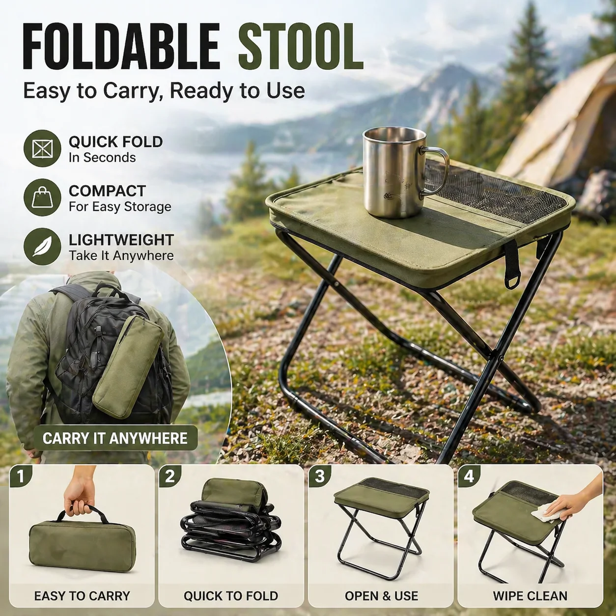 Taburete plegable para ocio al aire libre, camping, senderismo y pesca, taburete portátil estilo bolso de hombro para almacenamiento.