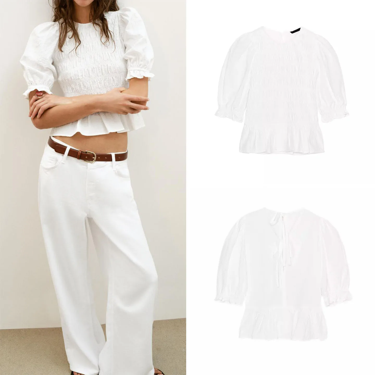 

Women's Spring 2026 round Neck Bubble Short Sleeve Plaid Shirt Honeycomb Pattern European Style Fashion Casual Shirt