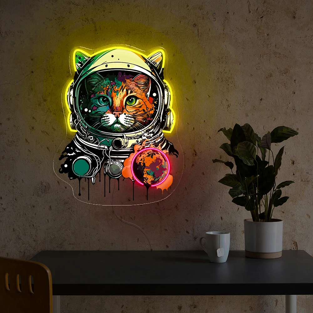 Letrero de neón personalizado para dormitorio de niños, decoración de pared, luz LED de neón, obra de arte de astronauta de gato, decoración de sala de juegos, regalo personalizado