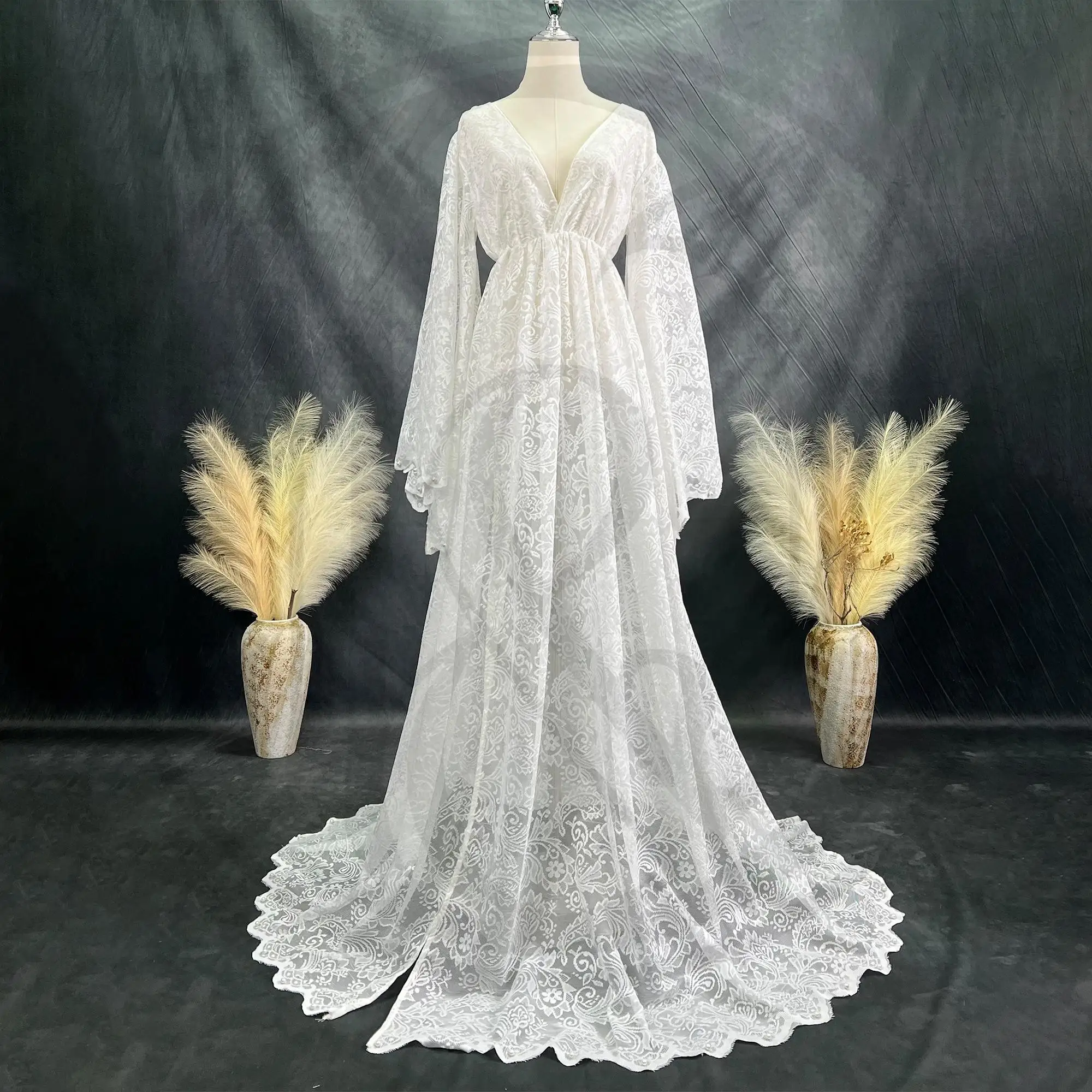 

Don&Judy Evening Party Dress V Neck Lace Gown For Pregnant Woman Long Sleeves For Autumn Photography Clothing