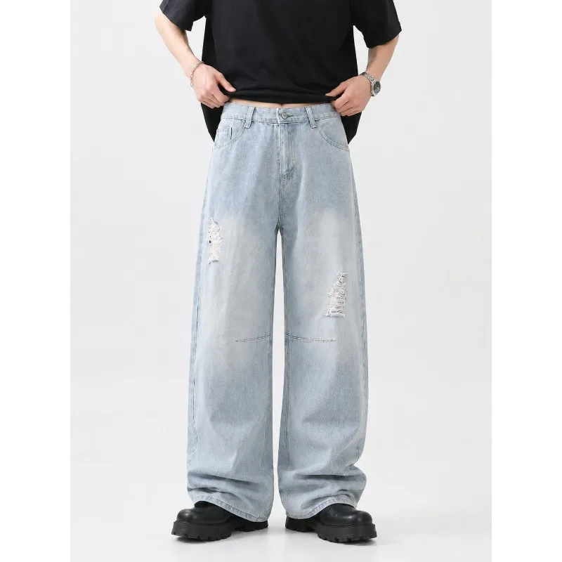 Men's American High Street Baggy Jeans 2026 Summer New Light Wash Distressed Knife Cut Wide Leg Casual Denim Pants