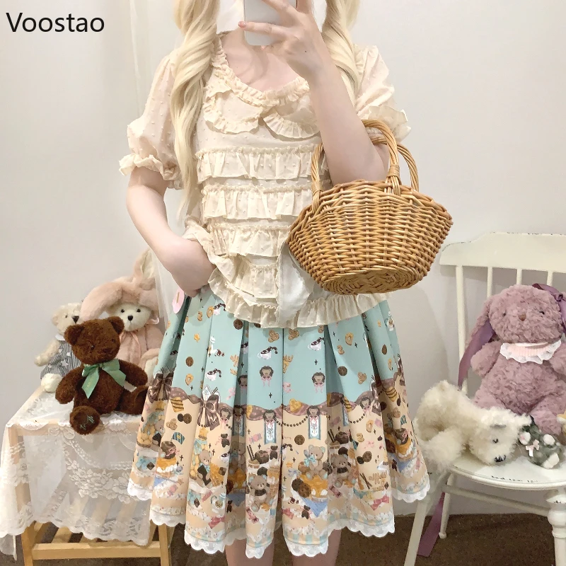 Vintage Sweet Lolita Cotton Blouses Women Japanese Kawaii Bow Lace Ruffles Princess Shirts Girls Y2k Aesthetic Cute Tops Summer