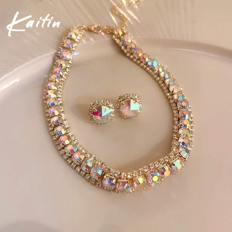 Conjunto de pendientes y collares de cristal de lujo, collar colorido rosa para mujer, conjuntos de joyería para fiesta de bodas, accesorios de moda 2024