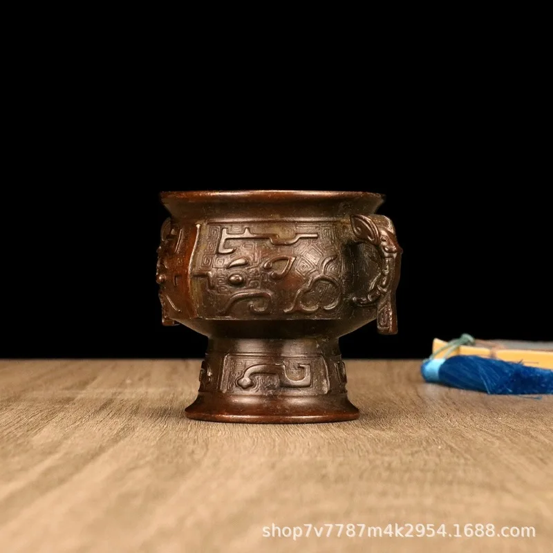 Brass alloy craftwork, human-faced beast double-eared cup, home decoration ornament