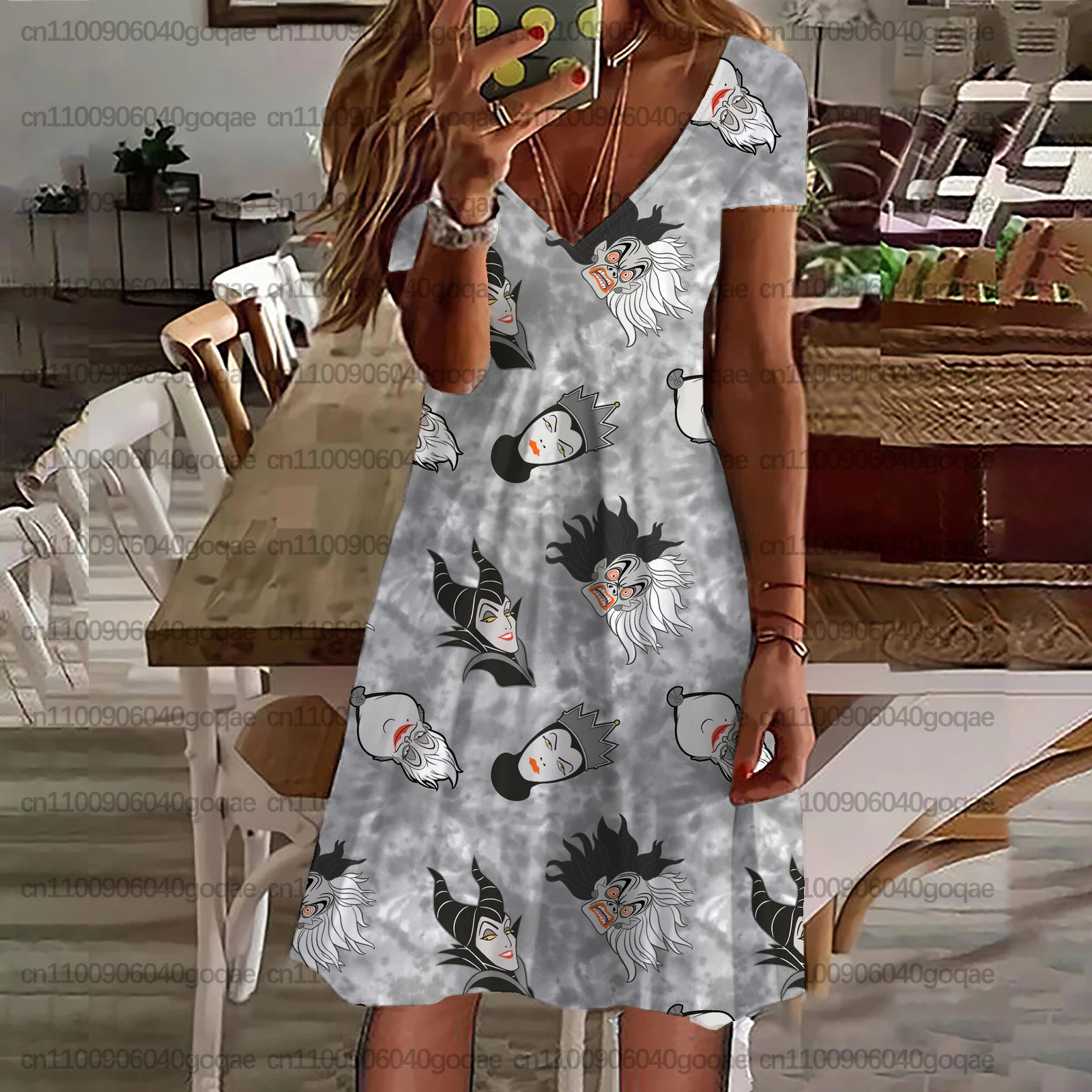 New Summer Women's Dress/T-shirt with Sleeping Devil Print, V-neck, Short Sleeve, Casual Travel Beach Style Dress, Simple Style