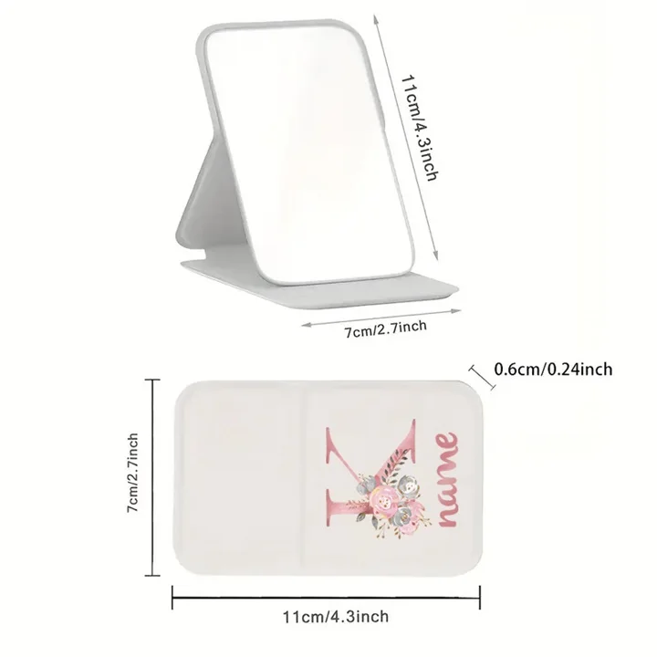 Customized Name PU Foldable Portable Compact Vanity Mirror Handheld Makeup Mirror Protective Cover Personalize Travel Accessory