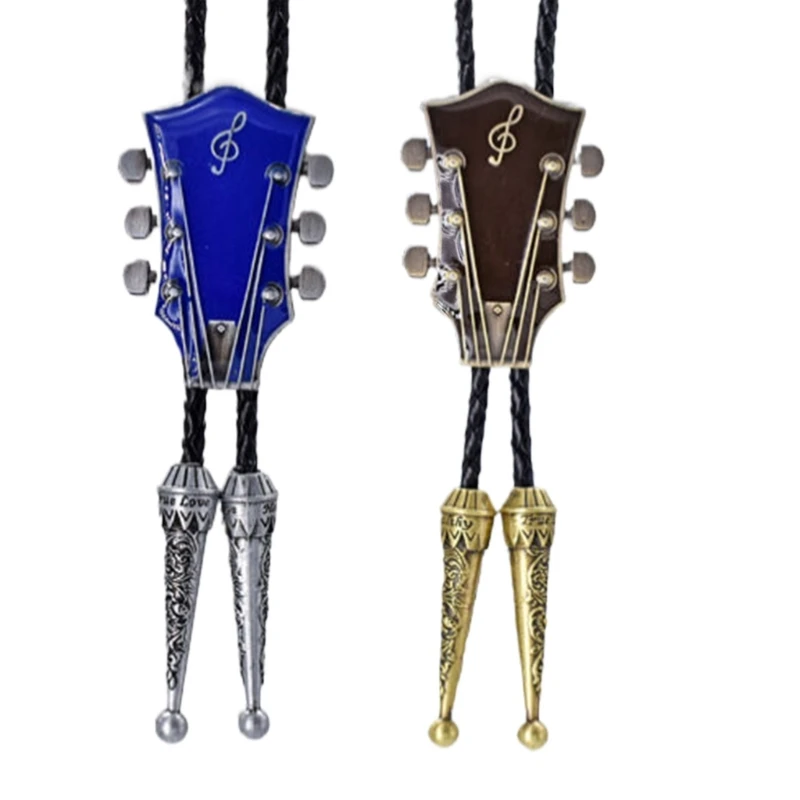 Braided Shoestring Guitar Head Bolo Tie Carved Charm Cowboy Necktie Necklace Dropship