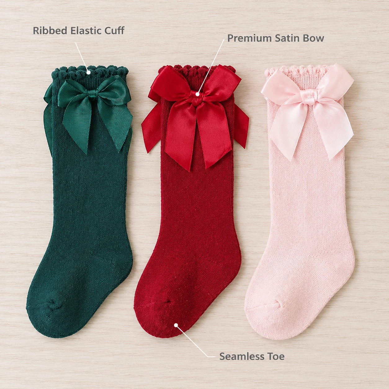 3 Pairs Infant Baby Girl Knee High Socks Satin Bow Ruffled Cuff Seamless Toe Soft Knit Toddler Long Gift Socks Set