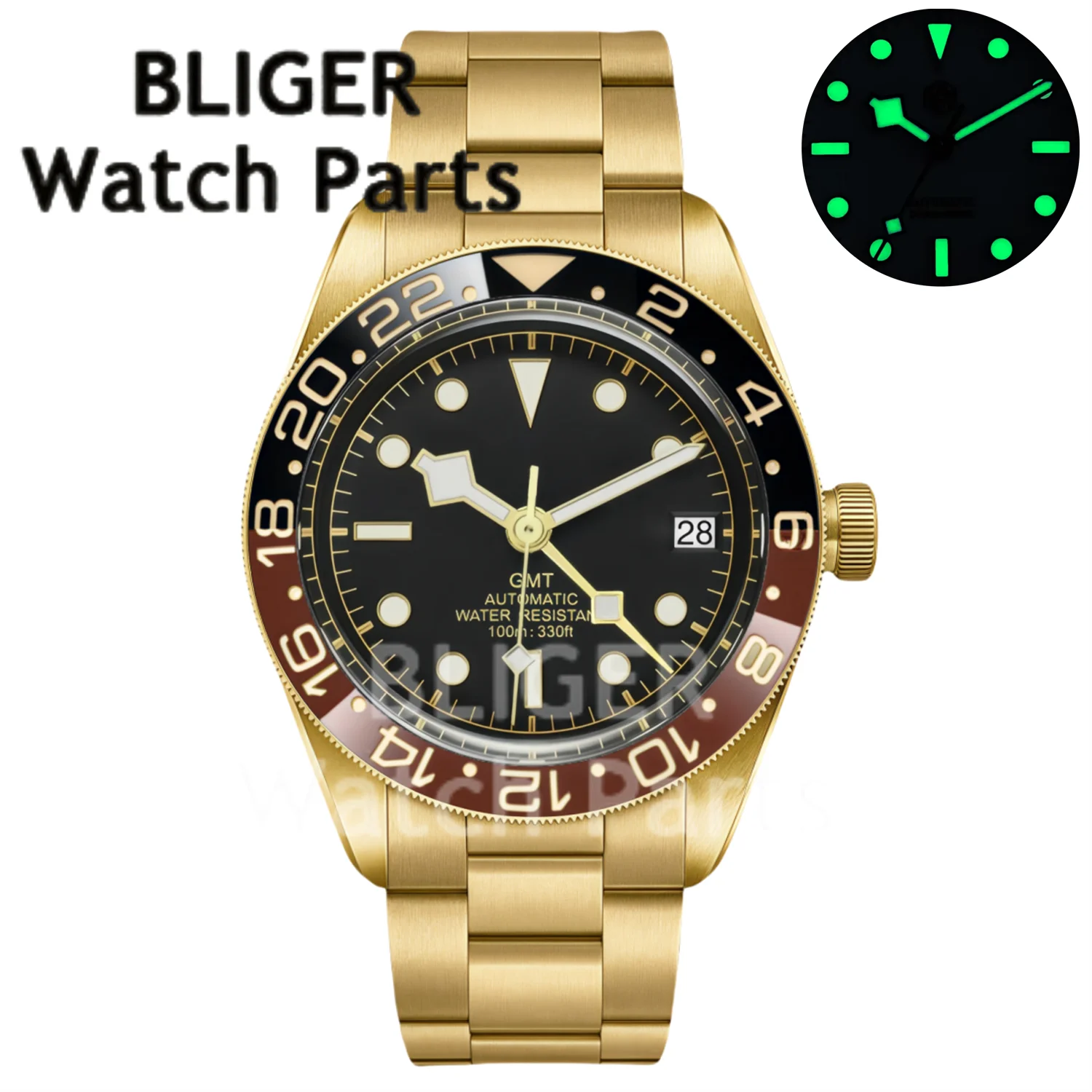 BLIGER 39mm Luxury Yellow Gold NH34 Mechancial Men Watch GMT Fuction Sapphire Glass Luminous 100M Diving Automatic Watch For Men
