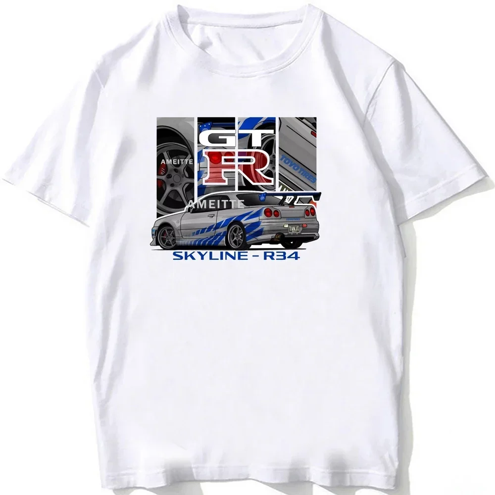 Pop The Hod Engineer Japan Style GTR Skyline R34 Car Mechanic Classic T-Shirt Men Short Sleeve Hip Hop Boy White Casual Tees