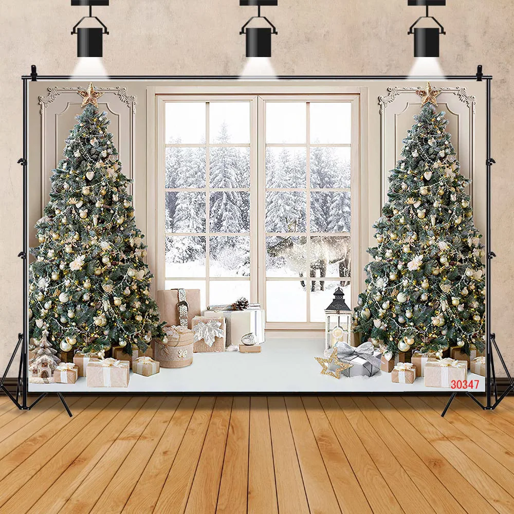 

ZHISUXI Christmas Tree Window Wreath Photography Backdrop Wooden Doors Snowman Cinema Pine New Year Background Prop PNT-03