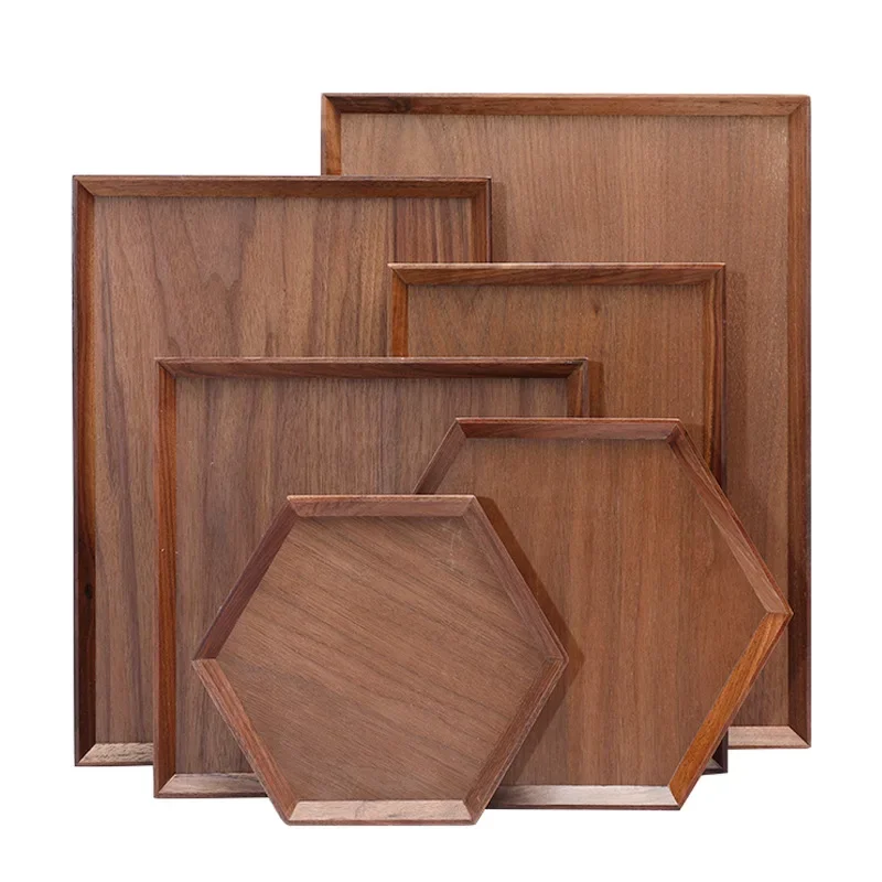 Natural Black Walnut Solid Wood Rectangular Hexagon Wooden Japanese Tableware Household Fruit Tray Wooden Tea Tray Hot