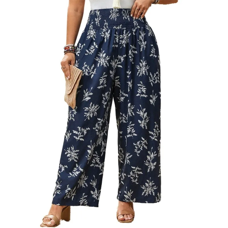 

Plus Size Women's Pants Flower Print Beach High Waist Wide Leg Long Pants Elastic Waist Fashion Bohemian Loose Casual Trousers