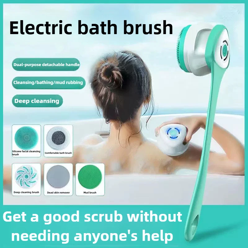 

5 in 1 Electric Bath Brush IPX7 Waterproof Long Handle Body Scrubber 3 Speeds Rechargeable Shower Cleaning Massage Brush