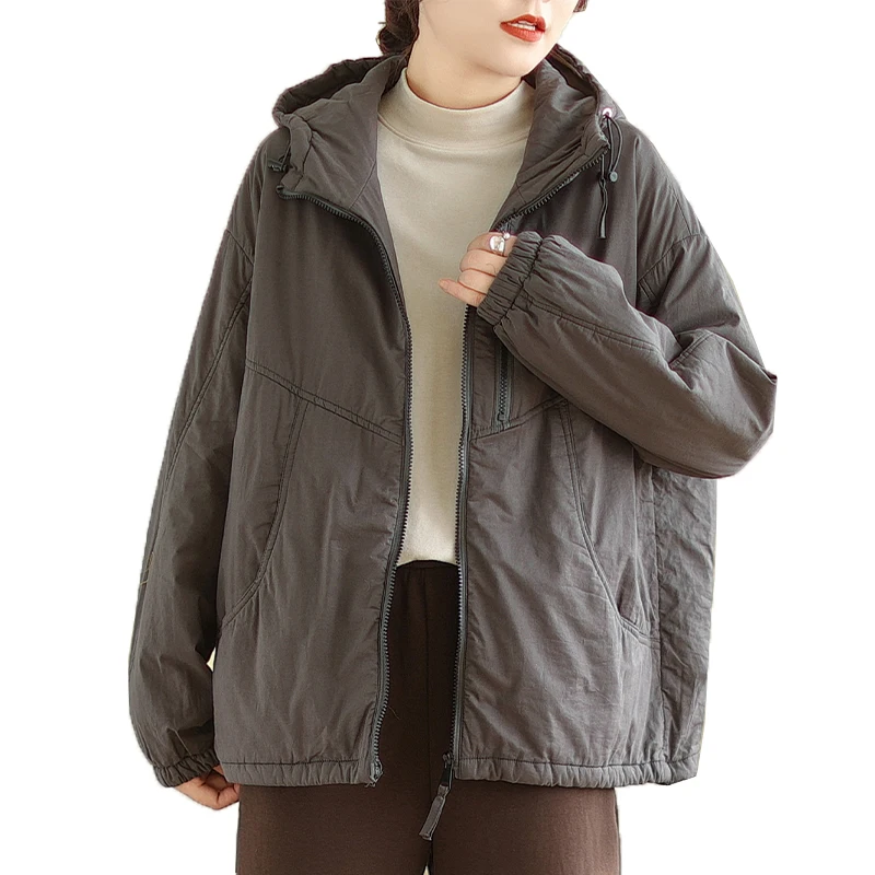 Cappotto con cappuccio ampio da donna in cotone retrò Jaet Calore Dstring Capispalla invernale Thiened Lungo chiusura con cerniera