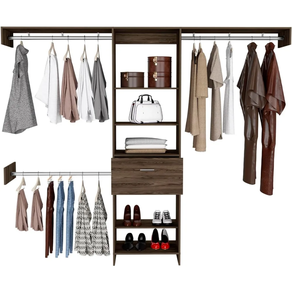 98.4inch Closet System, with Five Open Shelves, One Drawer and Three Metal Rods, Built-In Garment Rack