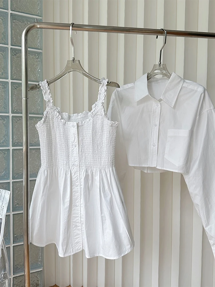 

2023 Women New Solid Color Simple 2 Pieces Outfit Square Collar Slim A-line Mini Dress+Lapel Long Sleeve Crop Chiffon Shirt Chic