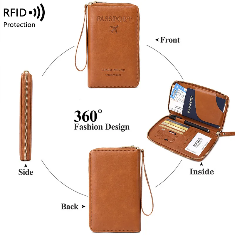 Western RDIF Blocking PU Leather Women Passport Holder Fashion Multi-functional Purse Travel for Ladies