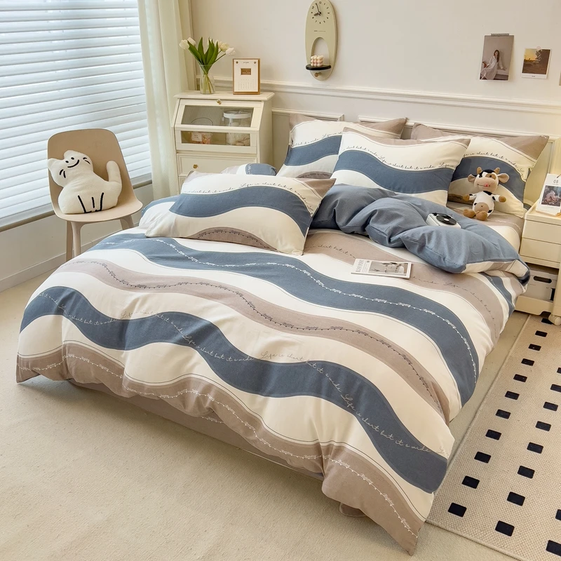 3pc 100% Cotton Duvet Cover,No Filler,Pure Natural High-Density Cotton Striped Reactive Printing Fabric,Single/Queen Bedding Set