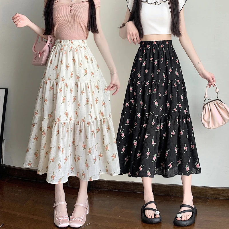 

Chiffon Cake Pleated for Women Summer New Floral Midi Long Skirt