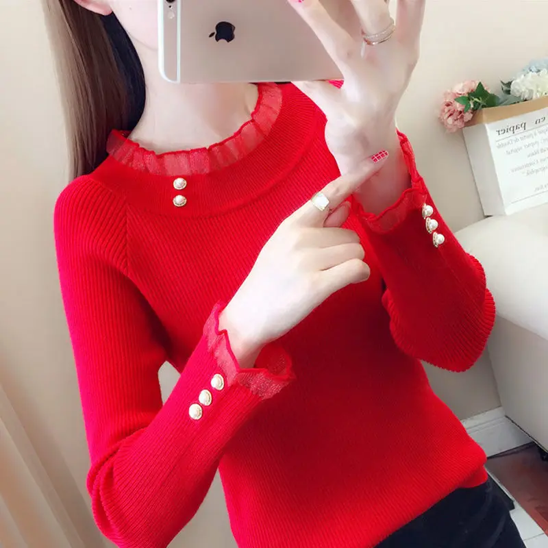 Stylish Knitted Spliced Lace Beading Ruffles Sweater Women Clothing 2022 Autumn New Oversized Casual Pullovers Sweet Tops