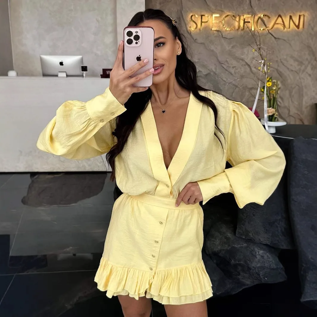 

French Gentle Wind Yellow Long Sleeve Dress Summer 2025 New Women's High-end Temperament Short Skirt