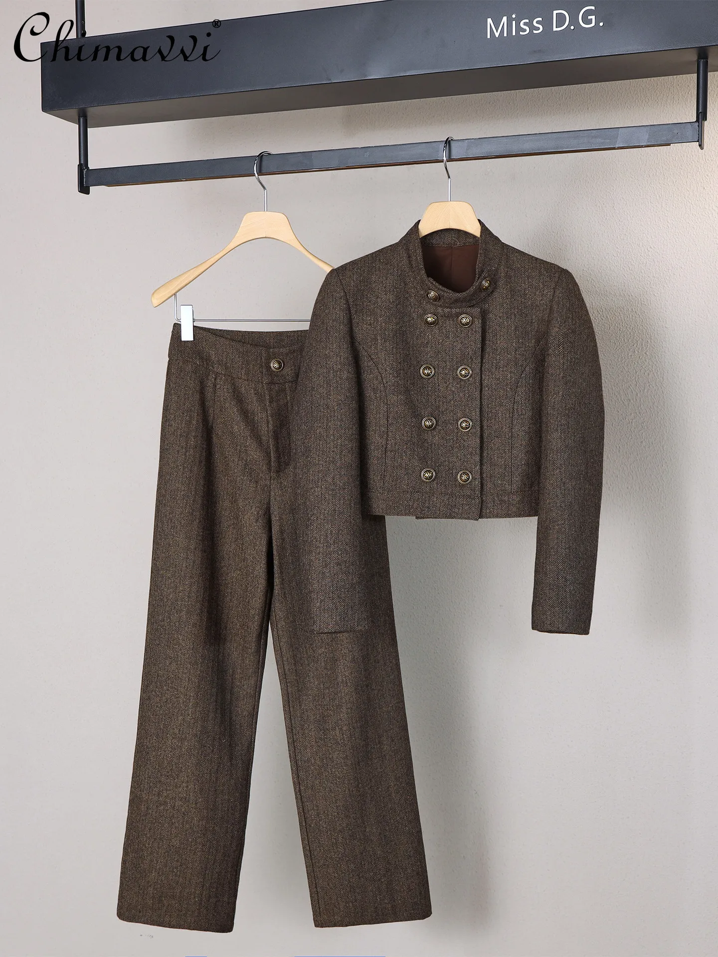 

High-End Retro British Style Short Coat Straight-Leg Pants Set Autumn Winter New Fashionable Elegant Commuter Two-Piece Set