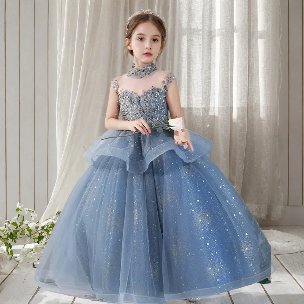 

Flower Girl Wedding Party Dresses New Blue Girls Princess Dress Sleeveless Gowns Long Sequined Beauty Pageant Gown Customized