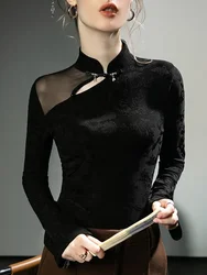 Black Hollow Out Sexy Long Sleeved T-shirt with Chinese Style Stand Up Collar Embroidery and Elastic Plus Size Top