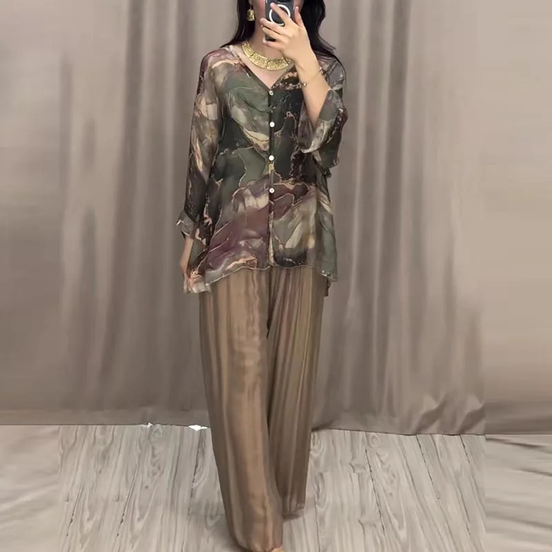 Vestidos Spring Summer Fashion Print Two Piece Set Women V-neck Long Sleeved Shirt Wide Legged Pants Casual Loose Two Piece Set