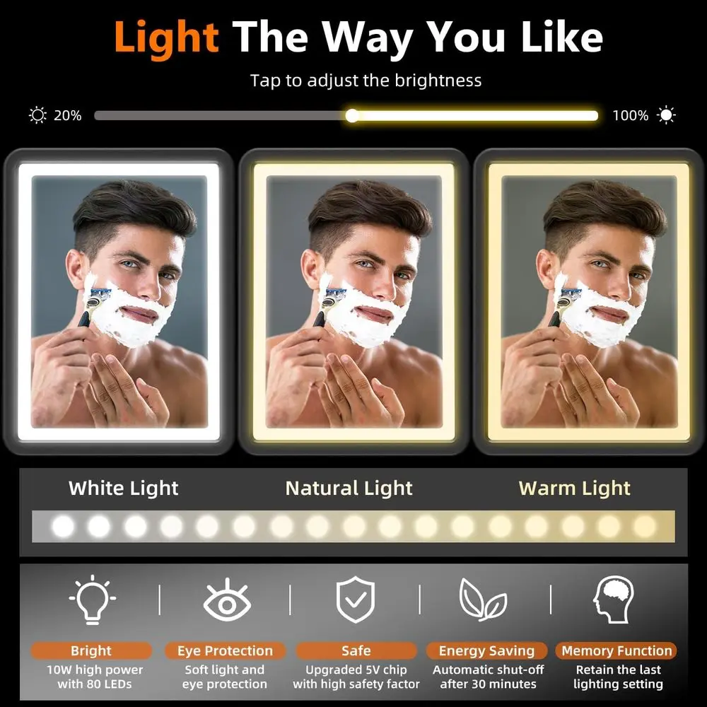 Espelho LED antiembaçante com calor, relógio e armazenamento para barbear no chuveiro