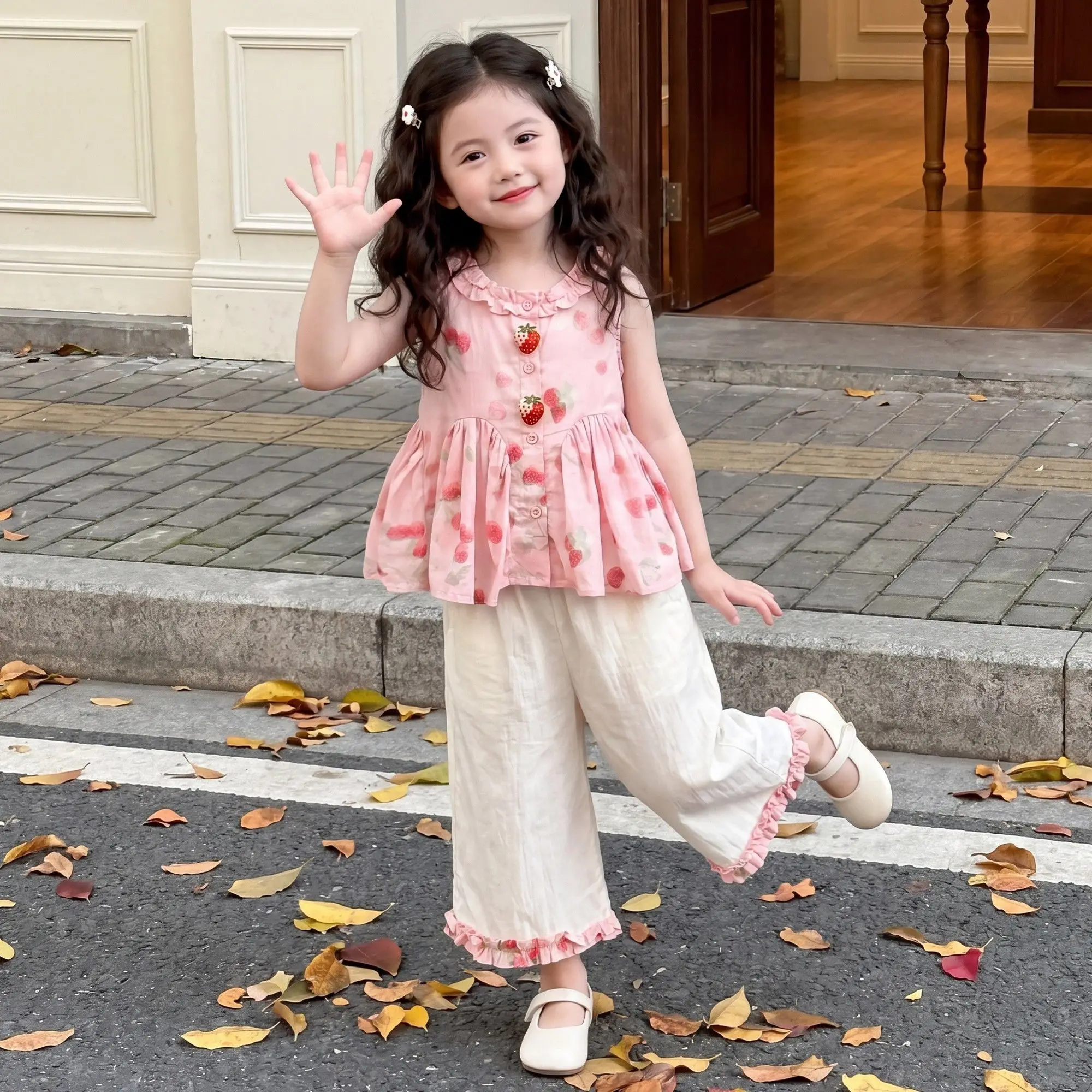 Summer Elegance Princess Clothing Soft Cute Sleeveless Strawberry Top+Loose Pants 2Pcs Girls Sets Childrents Kid Elegance Party