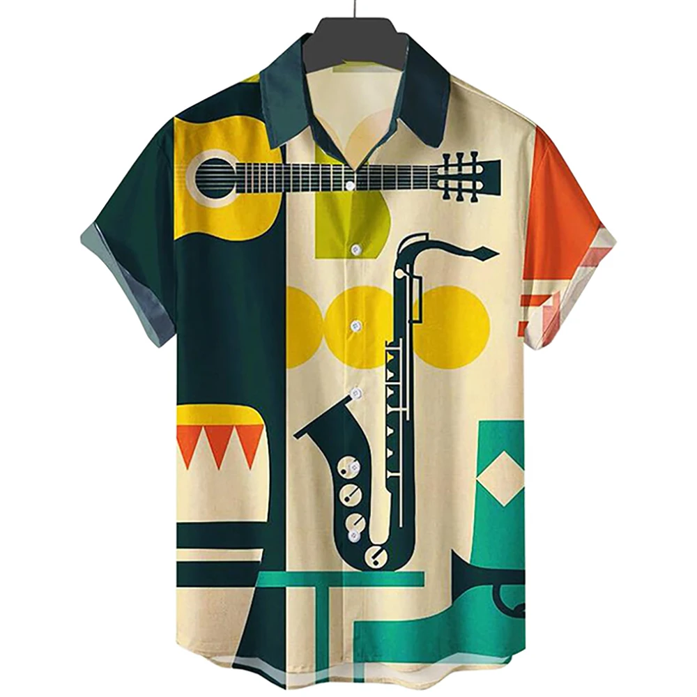 Men's Vintage Saxophone Newspaper Striped Print Short Sleeve Lapel Shirt Music Element Design Loose Summer Mens Clothing
