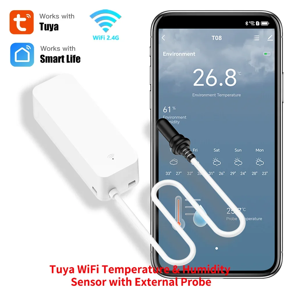 

Датчик температуры и влажности Tuya Wi-Fi с внешним зондом для умного дома, гигрометр, приложение для мониторинга растений, аквариума, виноделия