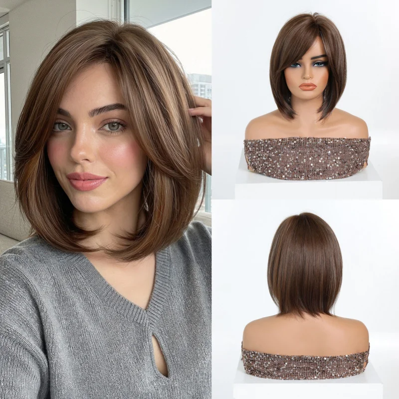 European and American fashion wigs, flattering light brown short straight hair, naturally voluminous, face-slimming, age-reducin