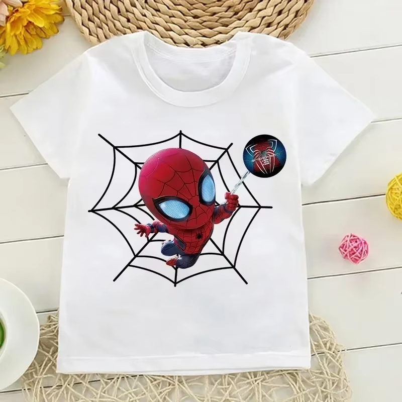  Children's Cute Funny Cartoon Spiderman T-Shirt Baby Harajuku Style Super Hero T-Shirt 100% Cotton Summer Top for Boys & Girls 