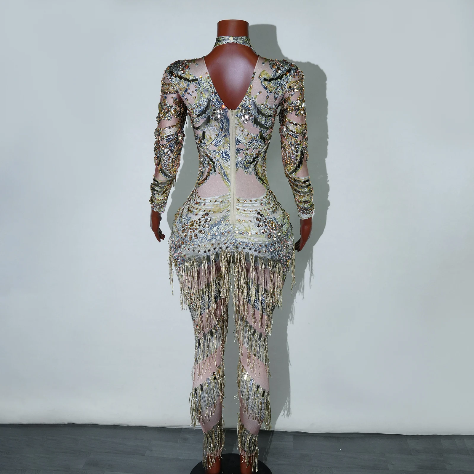 Роскошный комбинезон со стразами и длинными рукавами, женский комбинезон с блестками и бахромой, кристаллы, день рождения, танцовщица, сценические костюмы Drag Queen, костюмы для выступлений