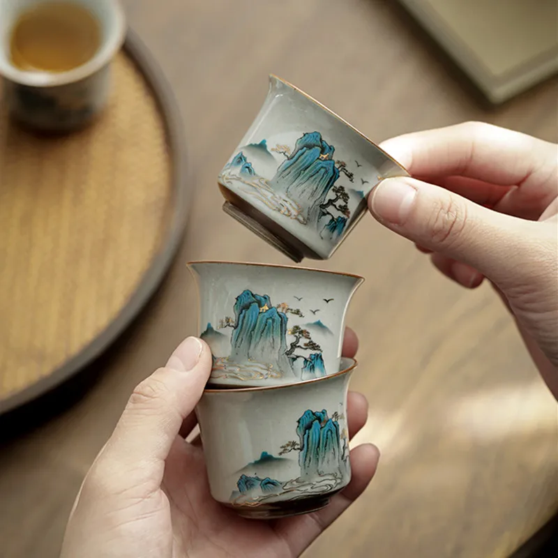 1 Pcs Chinese Retro Ceramic Teacup Handmade Landscape Pattern Tea Bowl Travel Portable Master Meditation Cup Household Tea Set