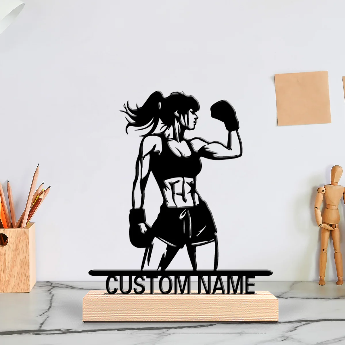 1 Stück stilvoller, personalisierter Boxhandschuh, Metallstatuen, Metallkunst mit Holzsockel, perfekt für Schlafzimmer, Gedenkgeschenk, B