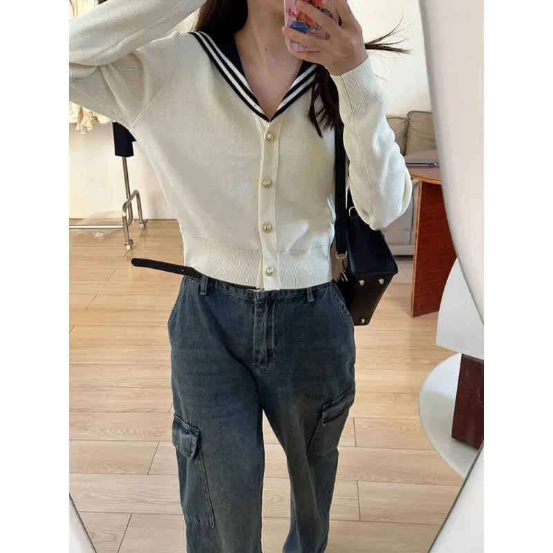 Vintage Sailor Collar Women Cardigan Basic Sweater Korean Style Spring Knitwear White Jumper Japanese Aesthetic F134