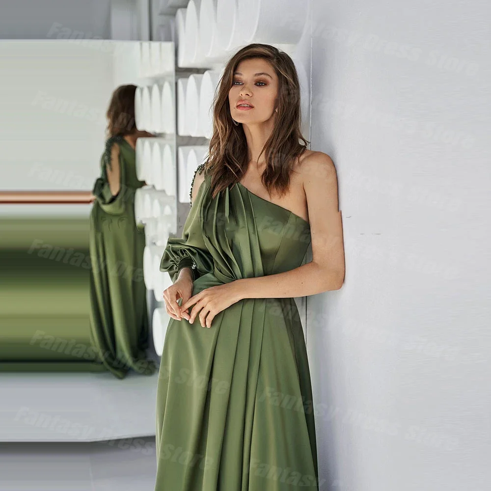 Olive Green Chiffon 2023 Evening Dresses Side Slit One Shoulder Long Sleeves Appliques Prom Gowns For Women Vestidos De Fiesta