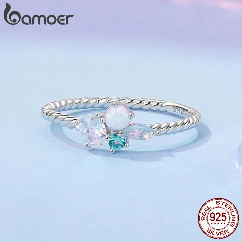 BAMOER 925 Silver Exquisite Opal Ring for Girls, White Gold Plated Dainty Cute Jewelry Gifts for Women On Birthday Christmas